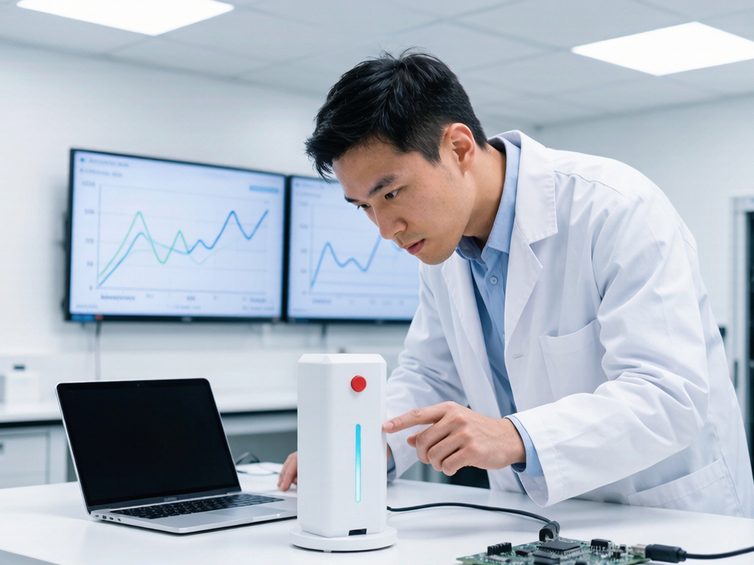实验室工程师在测试台前核查 IoT 设备网络安全