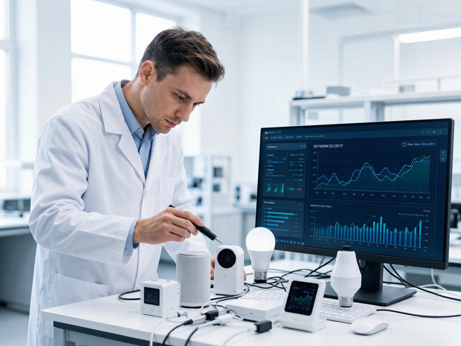 实验室工程师在测试台前核查 IoT 设备网络安全